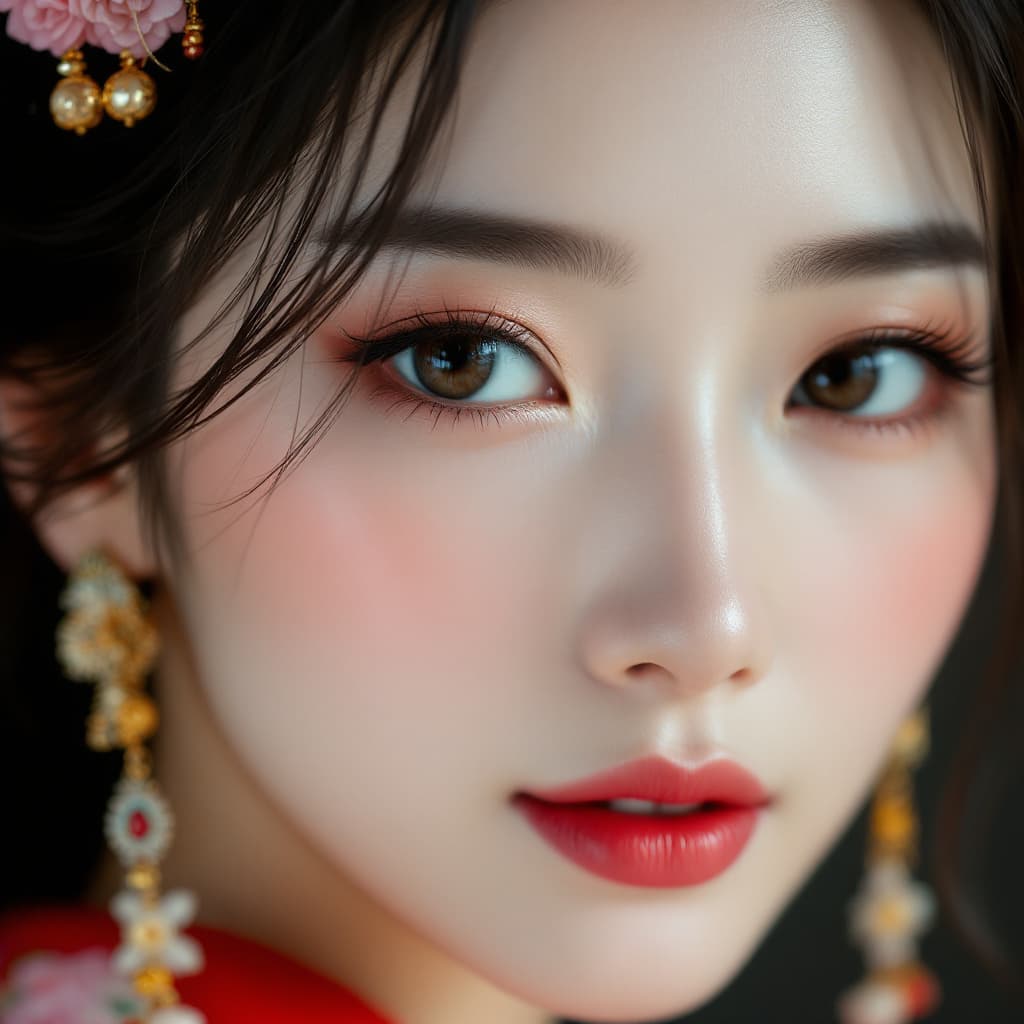 AI generated: Beautiful Asian woman, porcelain skin, flawless and radiant, ethereal beauty, monolid eyes dark and ...
