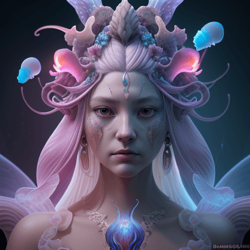 AI generated: Goddess close-up portrait ribcagel. jellyfish phoenix head, nautilus, orchid, skull, betta fish, bio...
