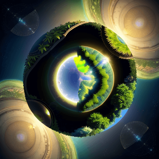 AI generated: a shimmering ring with a tiny, lush world nestled within its center, full wide view, highly detailed...