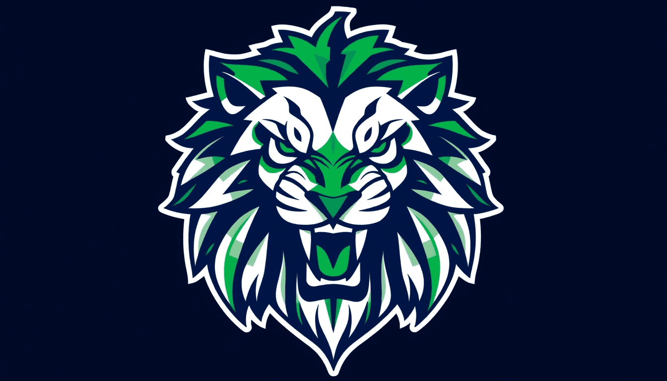 AI generated: geometric vector style roaring lion head design with green white and blue theme 
