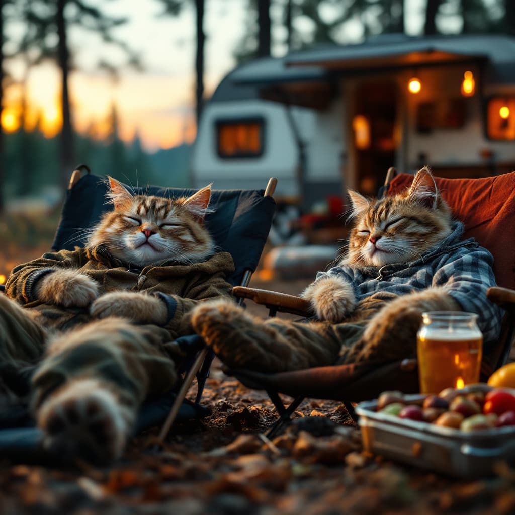 AI generated: Visually striking and dramatic scene, anthropomorphized real cats wearing casual style clothing, laz...