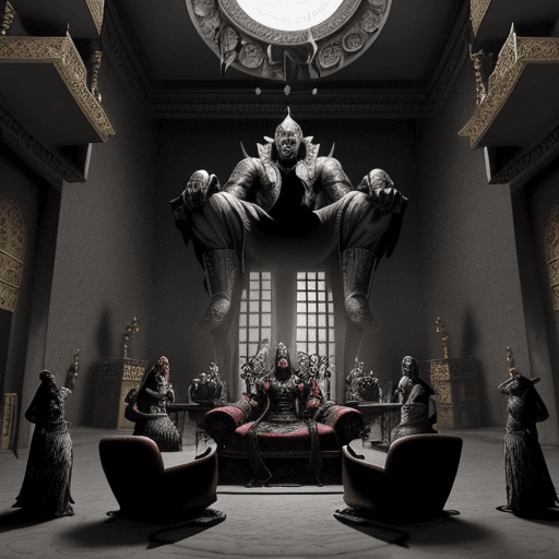 AI generated: An Almighty God of evil in his evil palace with his 12 female servants inside his palace