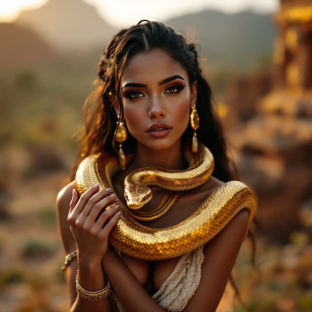 AI generated: A BEAUTIFUL VOLOPTUOUS MAYAN WOMAN HOLDING A SHINY METALLIC GOLD COLORED VIPER THAT IS COILING AROUN...