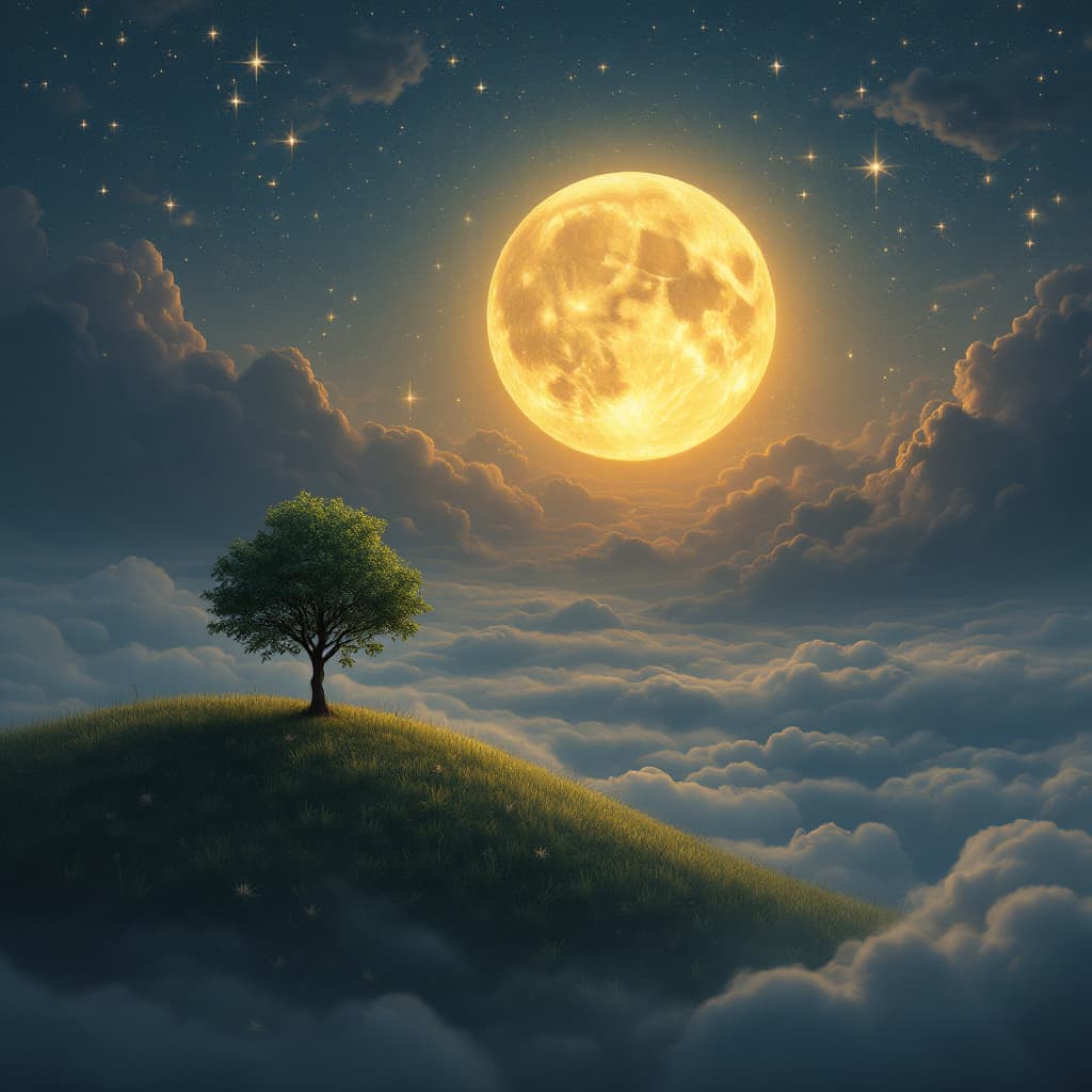 AI generated: A dawn with faint stars showing between many clouds, a fullbitcoin-shaped moon illuminating a single...
