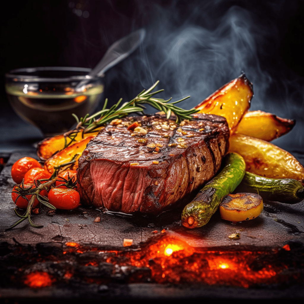 AI generated: Food photography, grilled beef,grilled vegetables,in a luxurious Michelin kitchen style, studio ligh...