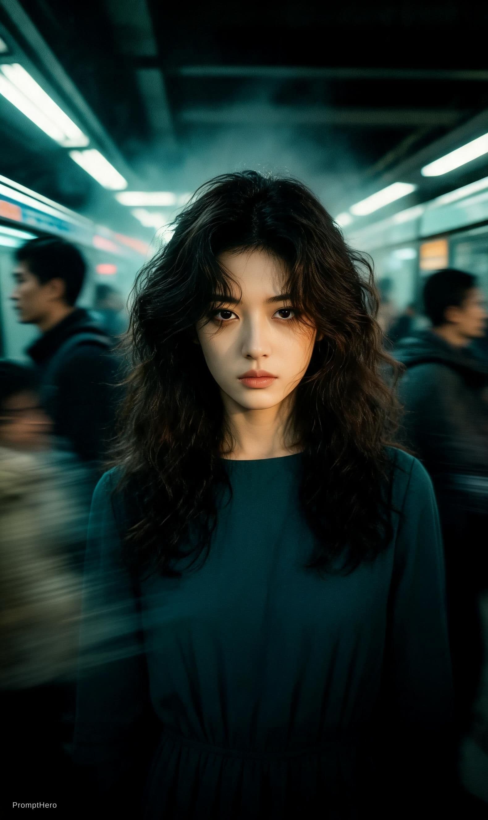 AI generated: Cinematic editorial portrait of a young women in her early twenties standing motionless at the
cente...