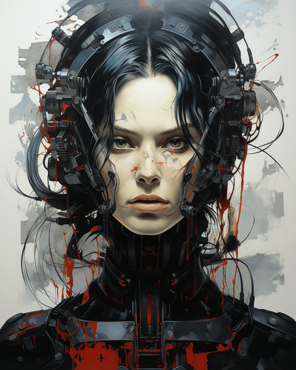 AI generated: cyberpsycho portrait by david lavoine, in the style of kathrin longhurst, metallic rotation, high-te...