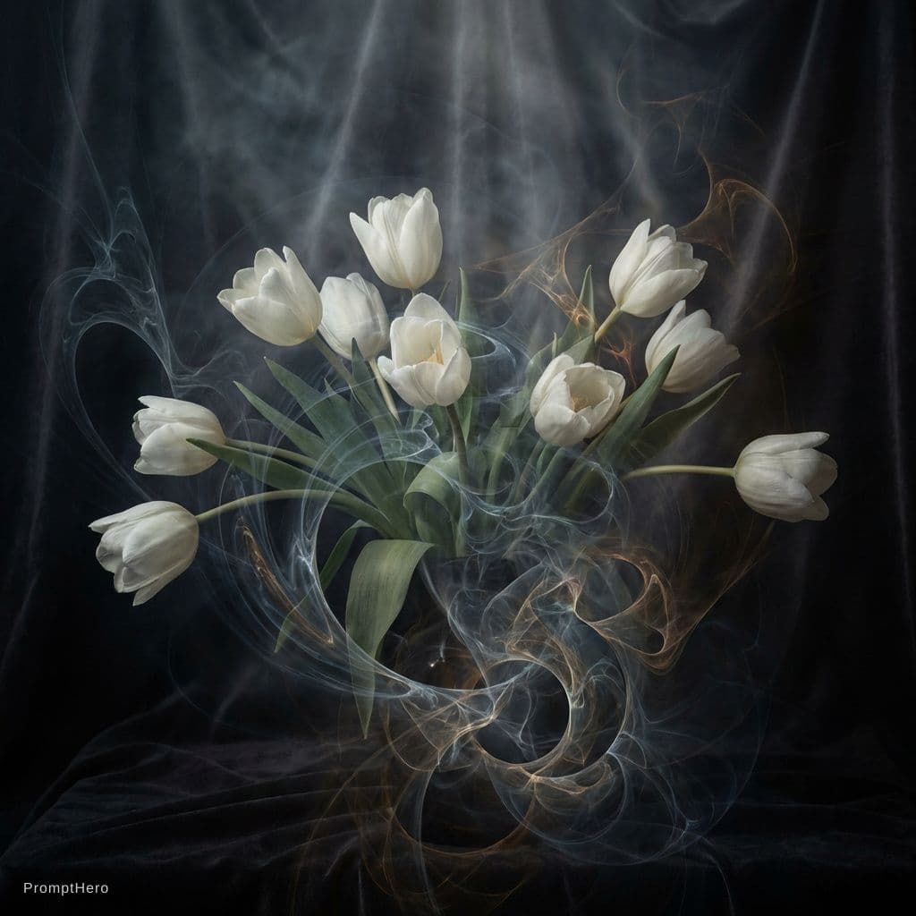 AI generated: white tulip bouquet opening, liquid smoke fractals, elegant botany, dynamic movement, raphael, carav...