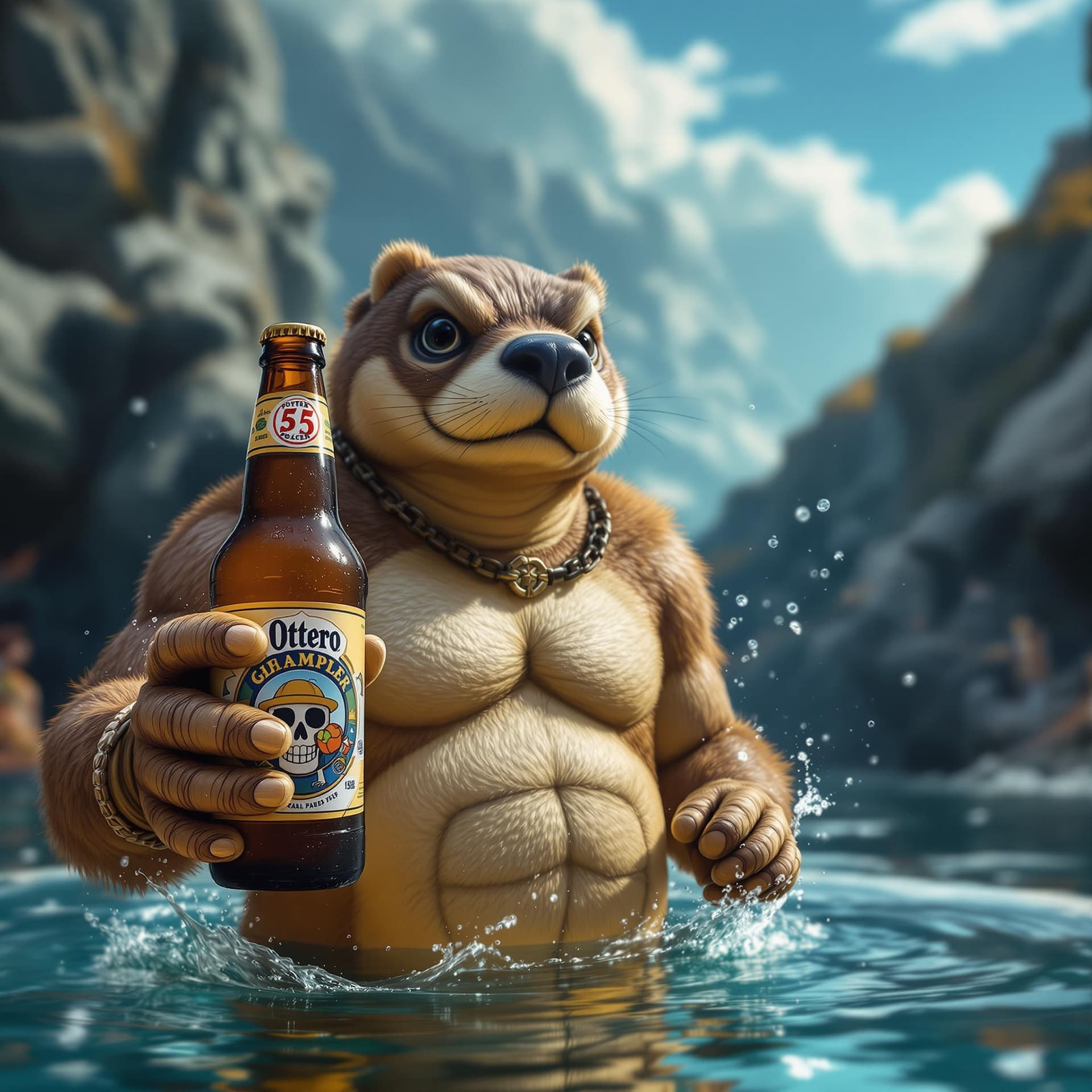 AI generated: Otter holding Modelo beer but powered up to gear 5 like luffy in one piece 
