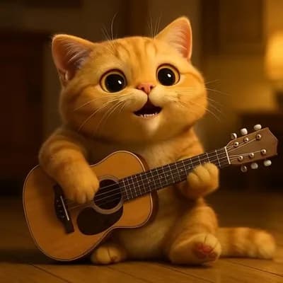 AI generated video:  the cute cute cat is playing the acoustic guitar and singing