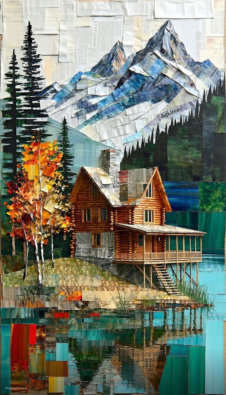 AI generated: A highly detailed landscape of a cozy wooden cabin by a lake and tall pine mountains, (made ENTIRELY...