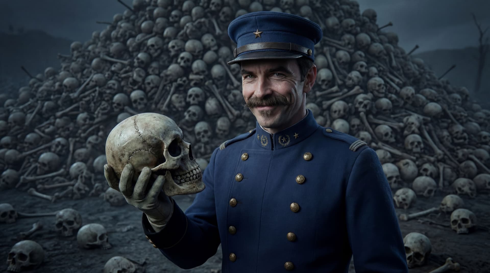 AI generated: Make his have a psychopath smug expression he holds a head skull  and looks at it in his hand while ...