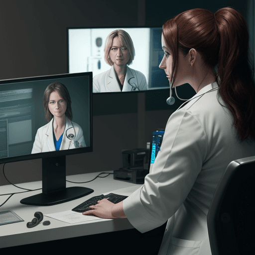AI generated: photo of a ultra realistic female doctor looking at two medical monitors with medical curves and lab...