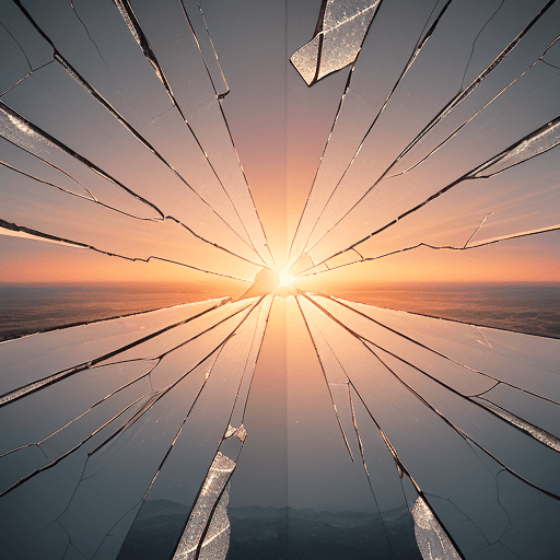 AI generated: A view of the sky through cracked glass, vertical white cracks, sunrise, natural light, morning ligh...