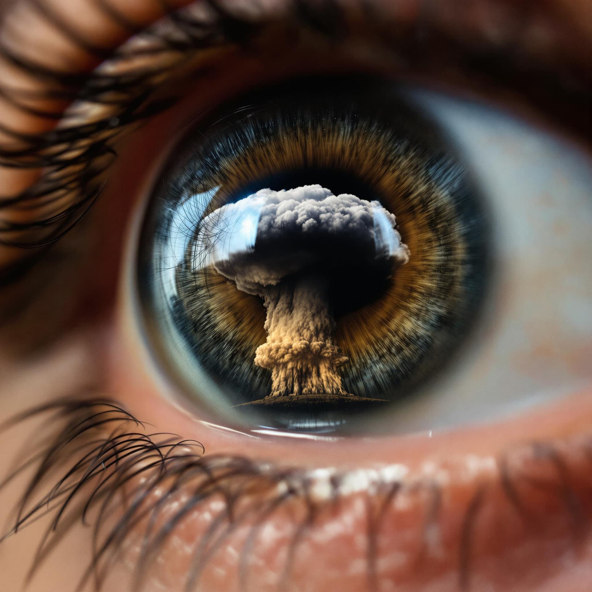 AI generated: Close up of a human eye, hazel in color. Reflected in the pupil is a mushroom cloud
 at night.  The...