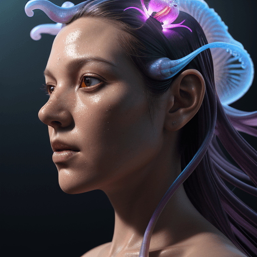 AI generated: Goddess close-up portrait ribcagel. jellyfish phoenix head, nautilus, orchid, skull, betta fish, bio...