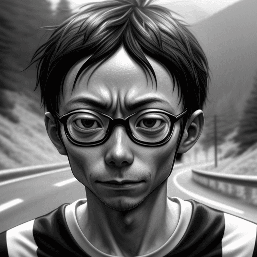 AI generated: Onoda, Yowamushi pedal,cycling, on mountain roads, city roads, busy crawling, congested roads, high ...