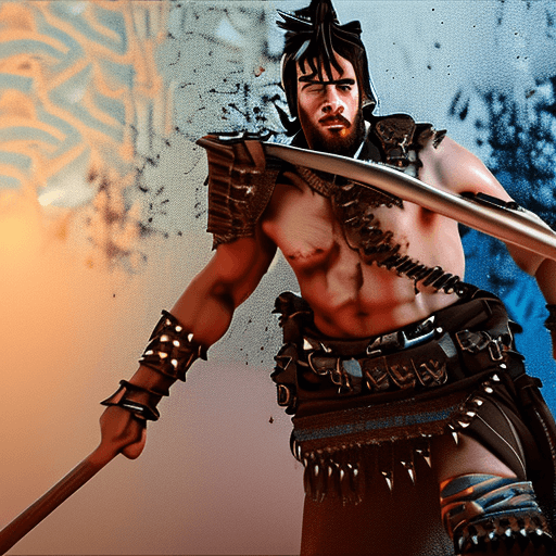 AI generated: Fighting action close-up shot of a male barbarian with a battle-axe charging into battle, battle-cry...