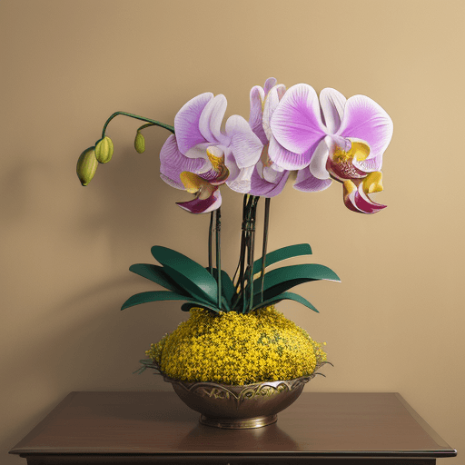 AI generated: wide angle photograph of a large and bountiful orchid and wild blossoms arrangement being displayed:...