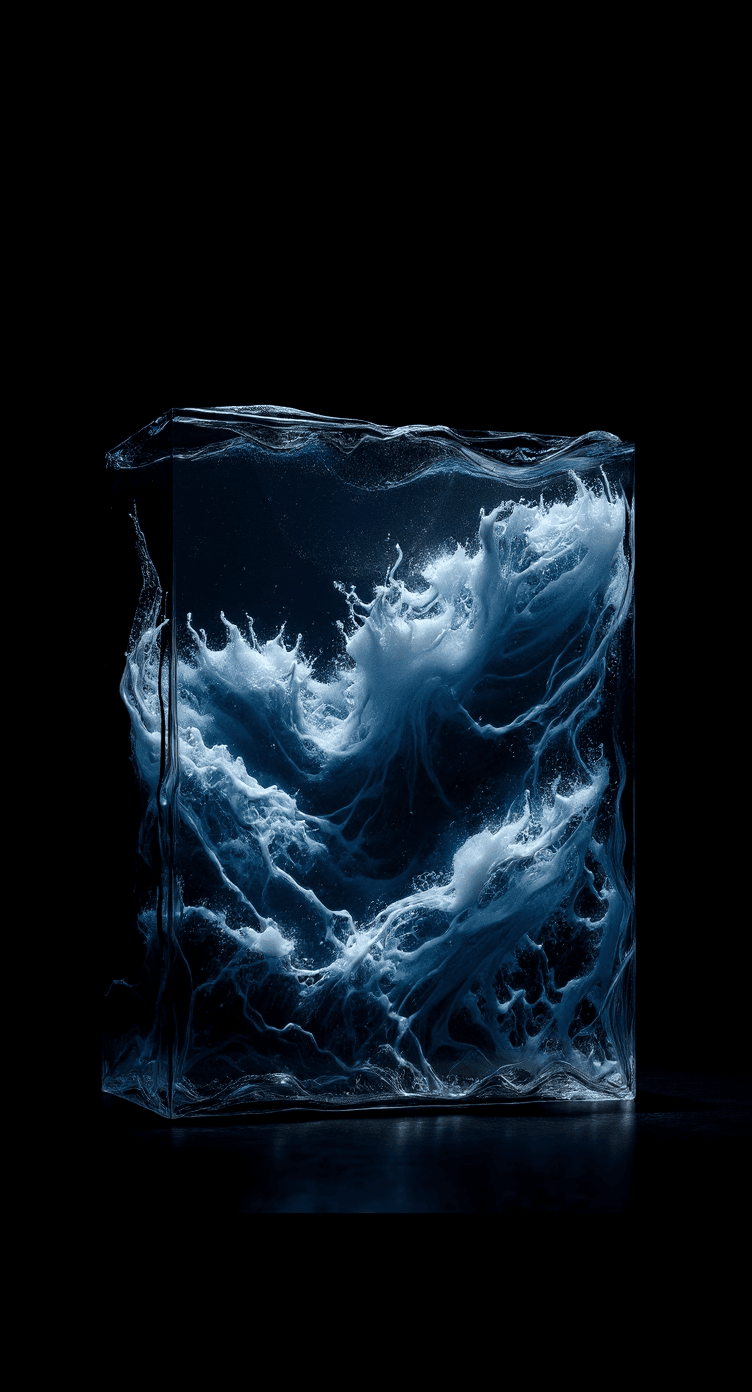 AI generated: conceptual image, waves in a clear box, solid black backdrop --ar 9:16 --raw --profile f775fdj --sty...