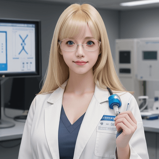 AI generated: (An anime girl working as a scientist), large breasts, standing in front of a futuristic laboratory ...