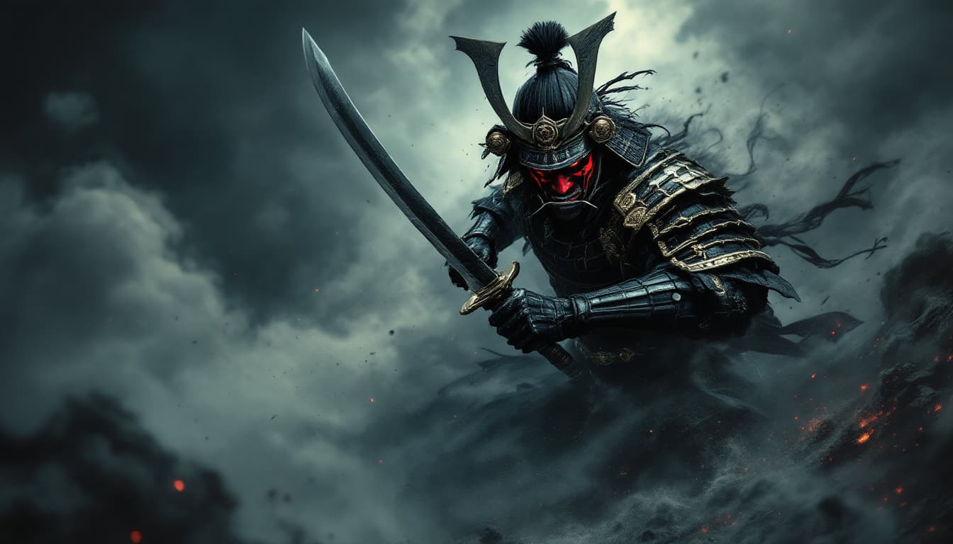 AI generated: Emerging from a tumultuous backdrop of swirling smoke and shadows, a fierce samurai warrior commands...