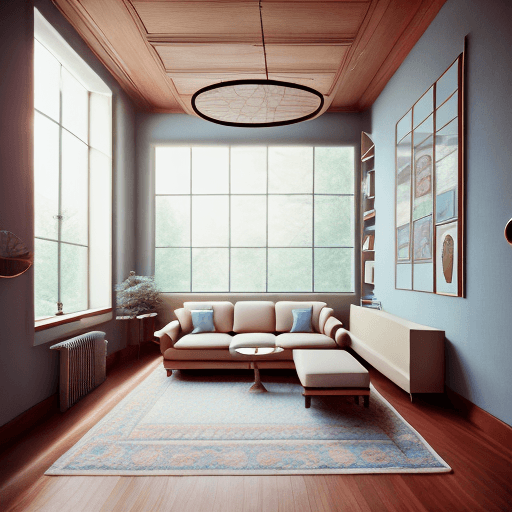 AI generated: High resolution photography interior design, dreamy sunken living room conversation pit, wooden floo...