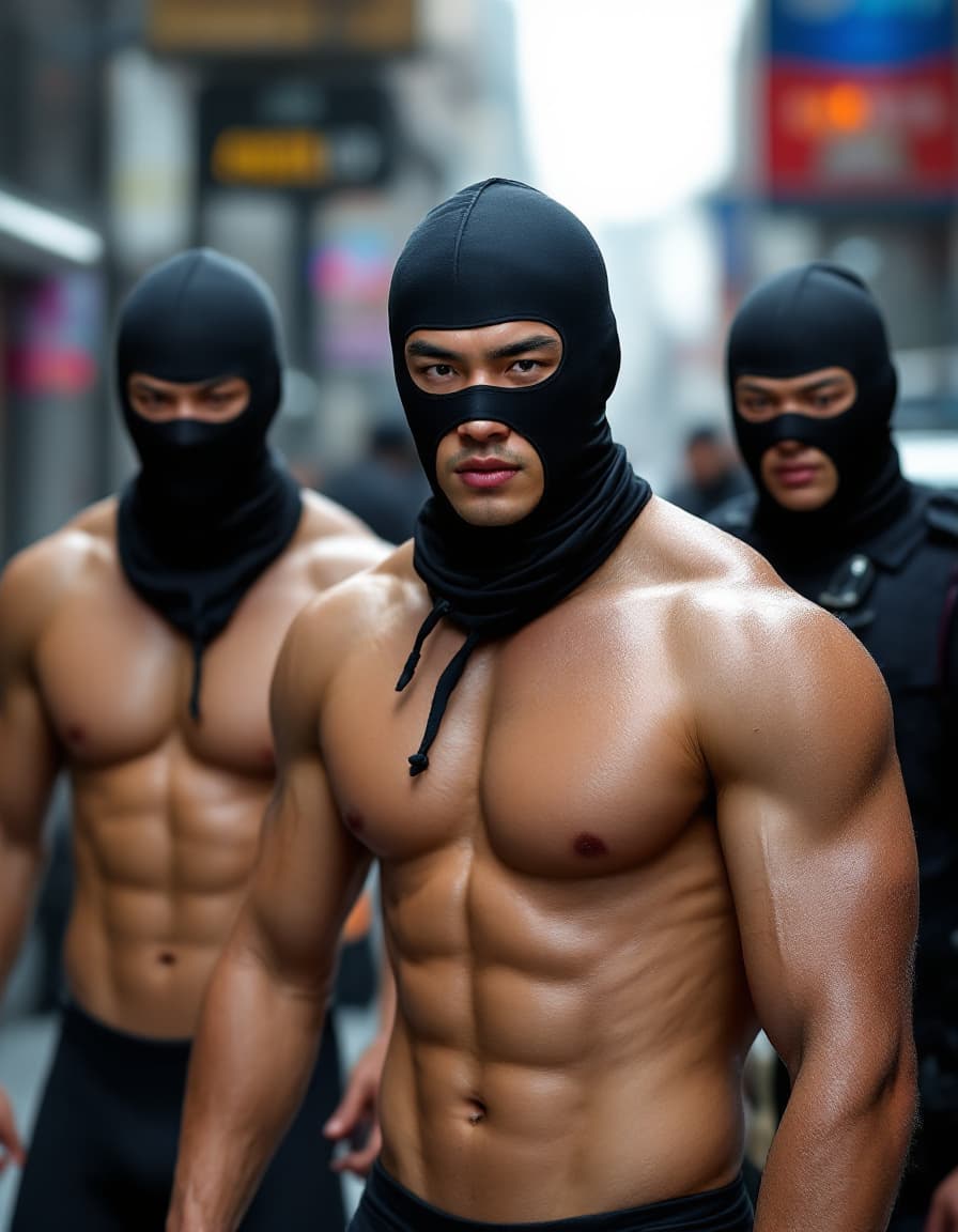 AI generated: Three masculine handsome male Asian Chinese olympic swimmers are wearing tight compression jammers o...