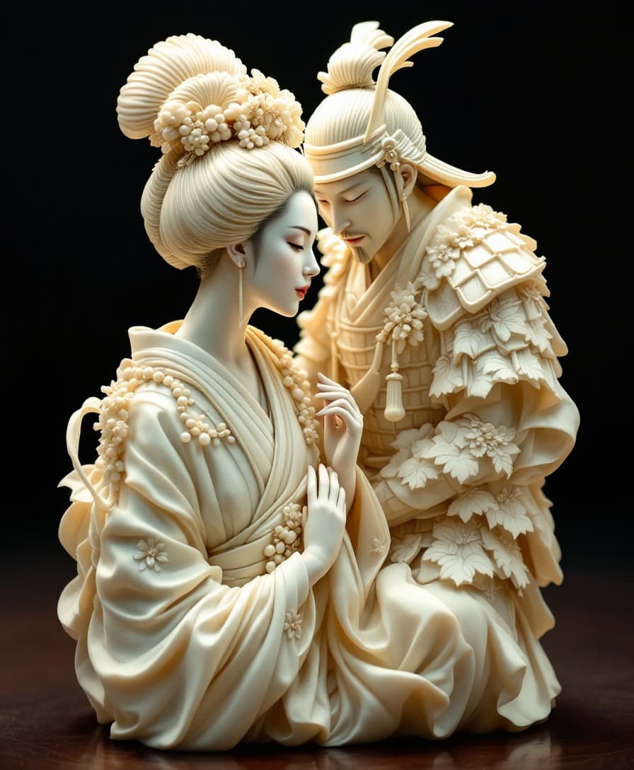 AI generated: A stunning ivory sculpture depicting a geisha and a samurai in dynamic poses, a harmonious blend of ...