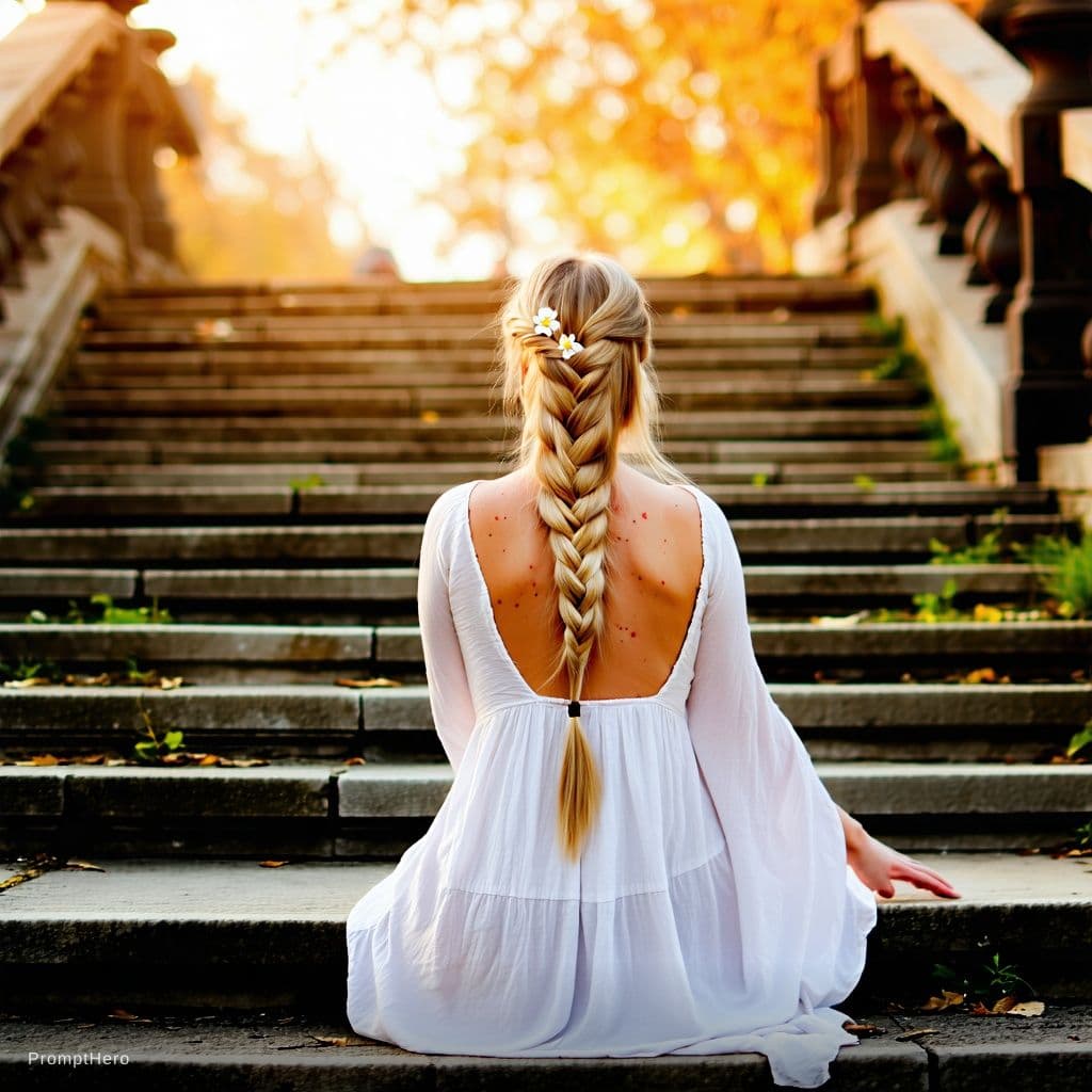 AI generated: A woman sits alone on worn stone steps, her figure bathed in a warm and golden light that seems to e...