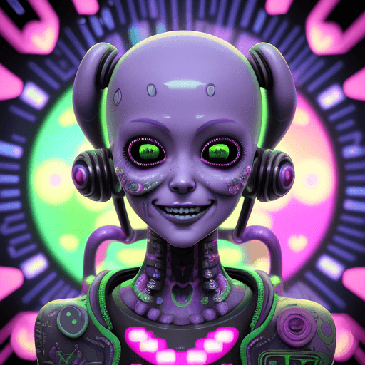 AI generated: a cyberpunk 3D rendering featuring Trippycute lsd smiley tattoed alien cyborg,vaporwave pop art.Imme...