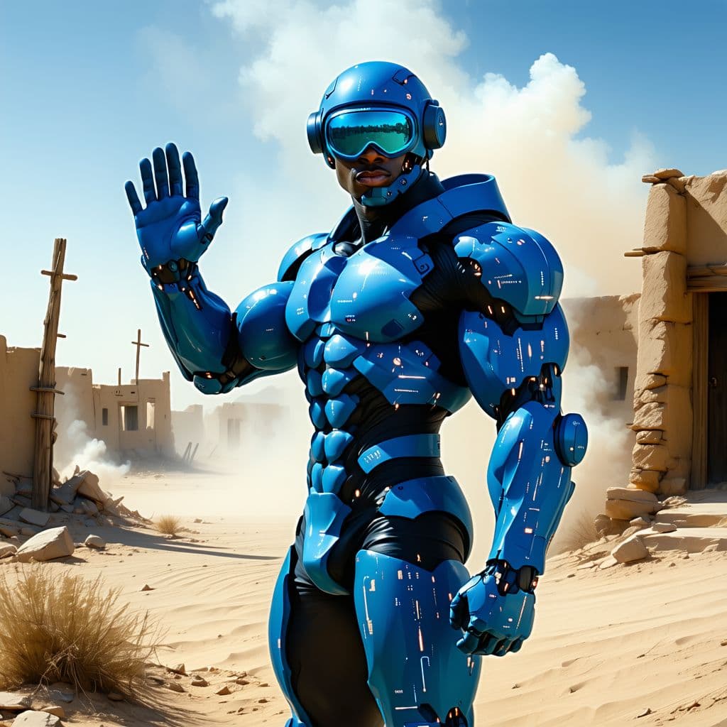 AI generated: A muscular man full body in blue body armor and futuristic goggles stands on the ground, abs, fit, w...