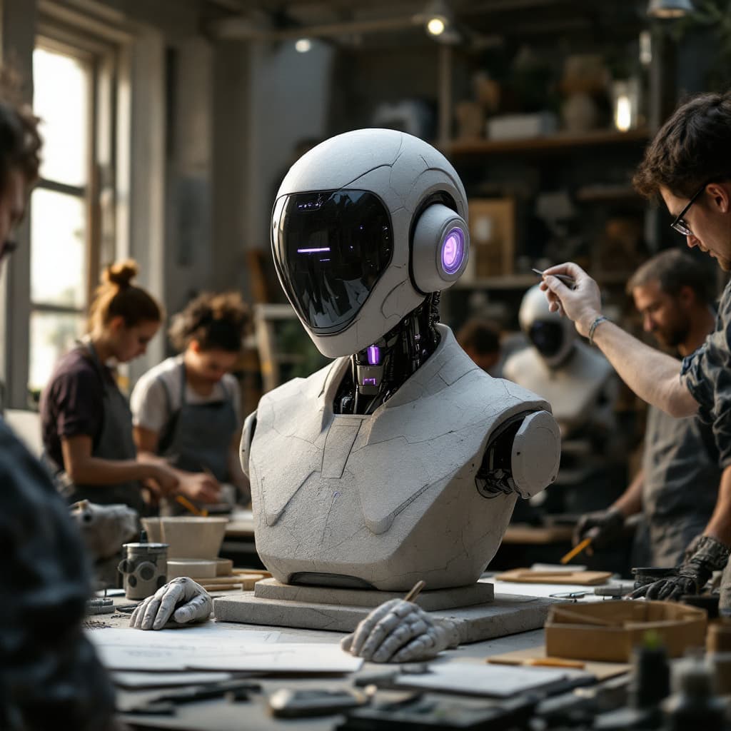 AI generated: A highly detailed cinematic shot capturing a team of artisans from the knees up in a bustling sculpt...