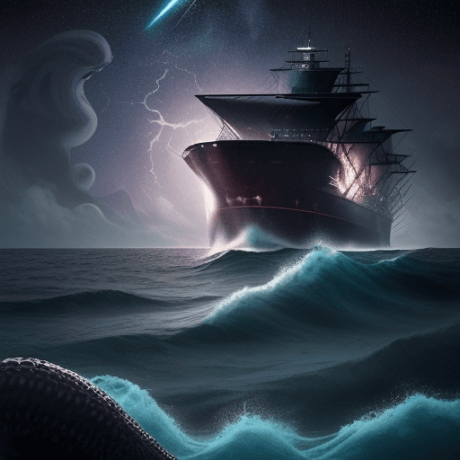 AI generated: huge Kraken appears from the ocean, trying to reach the ship and somewhere along the edge of the ima...