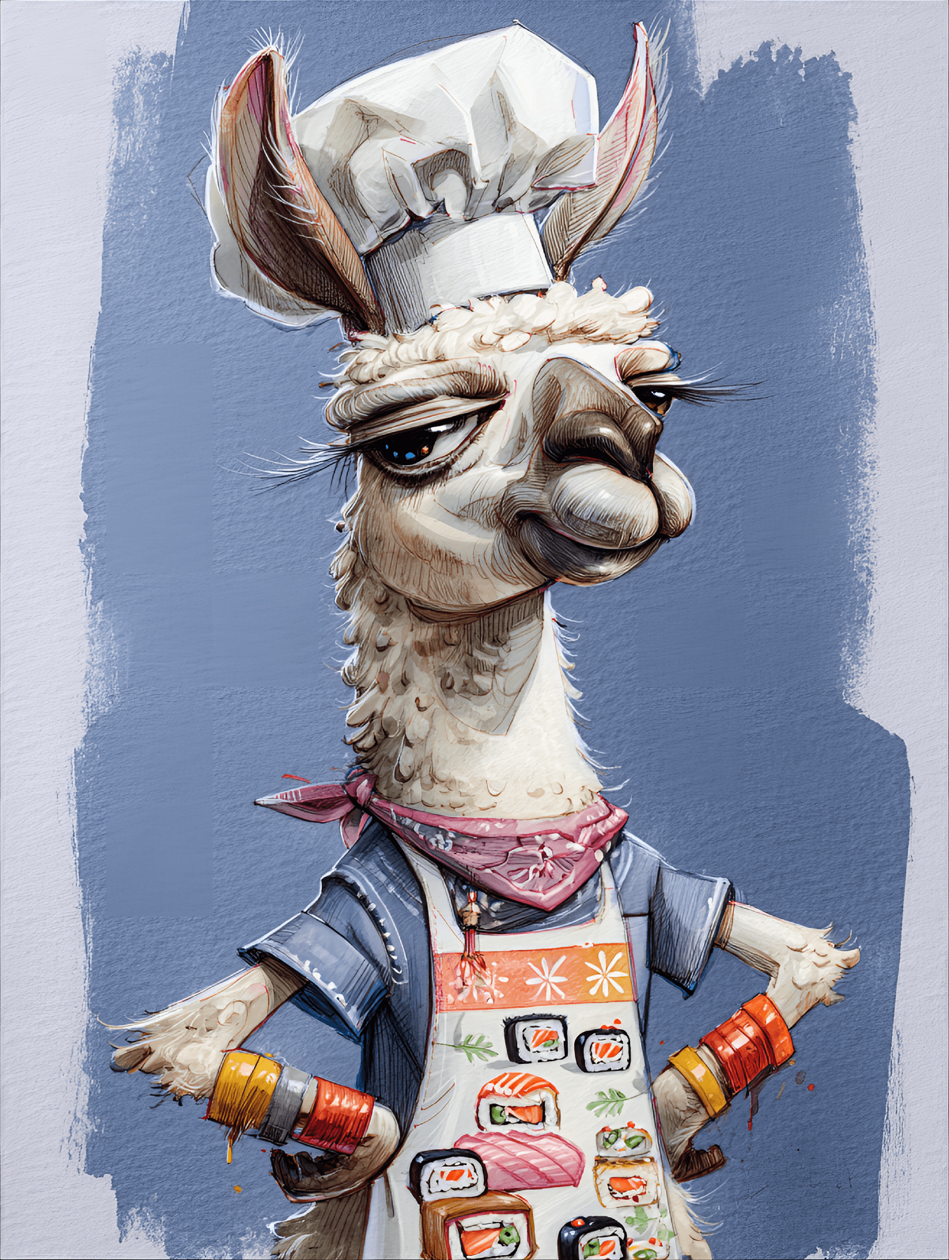 AI generated: funny caricature, llama animal caricature, young andean male, 5 years old, fluffy wool, long neck, b...