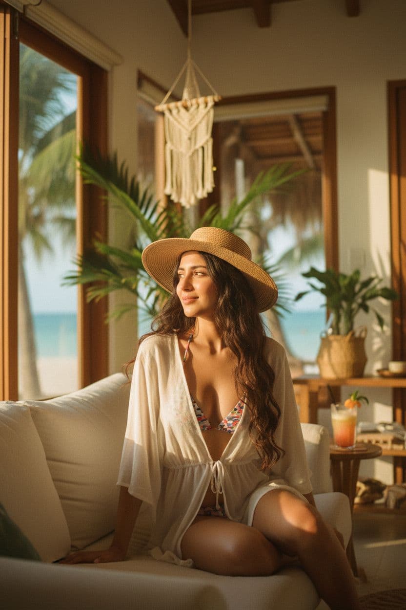AI generated: Hyperrealistic photo, beautiful girl model in beachwear, shot on iphone 14 pro max, long dark hair, ...