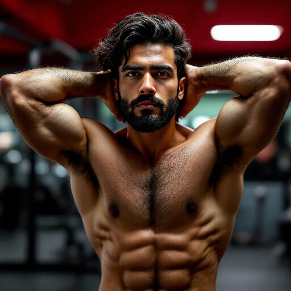 AI generated: indian woman showing underarms with stubble after gym workout

