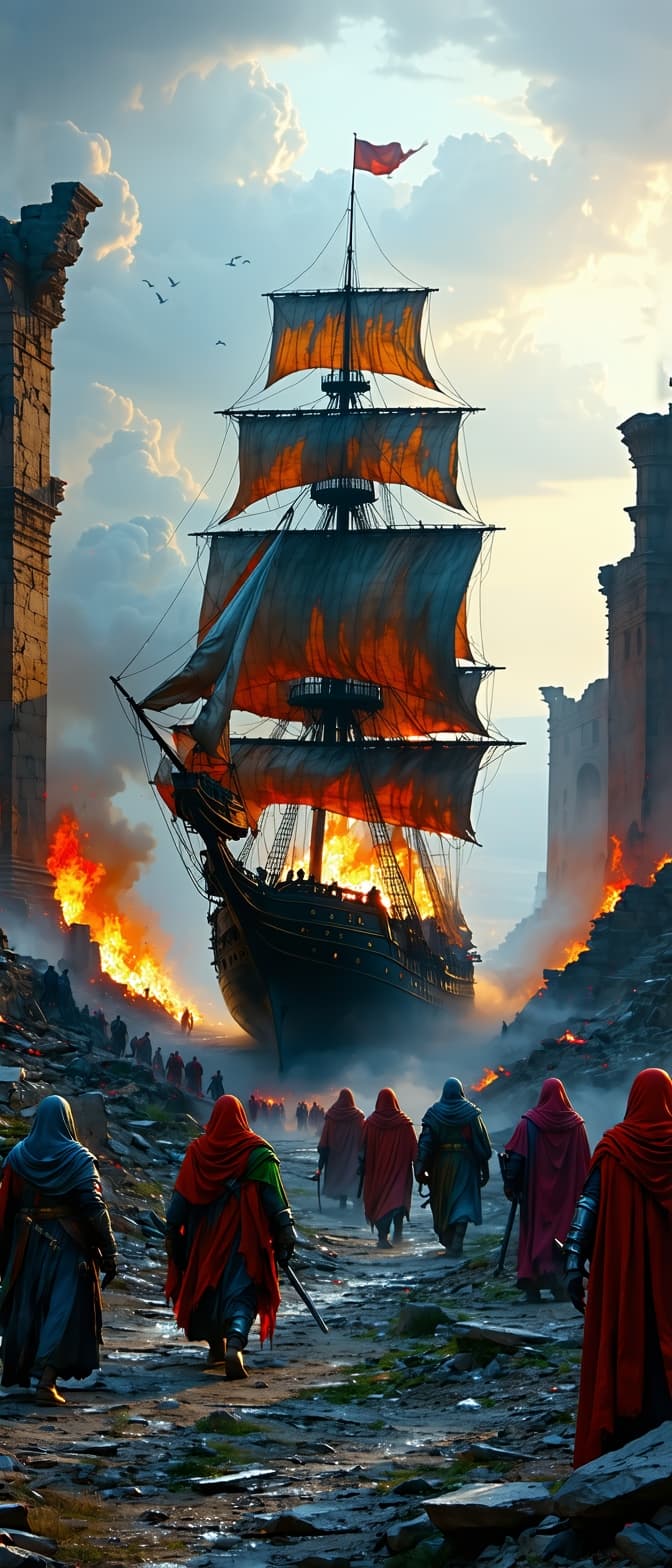 AI generated: Photo of a ultra realistic sailing ship, dramatic light, pale sunrise, cinematic lighting, battered,...