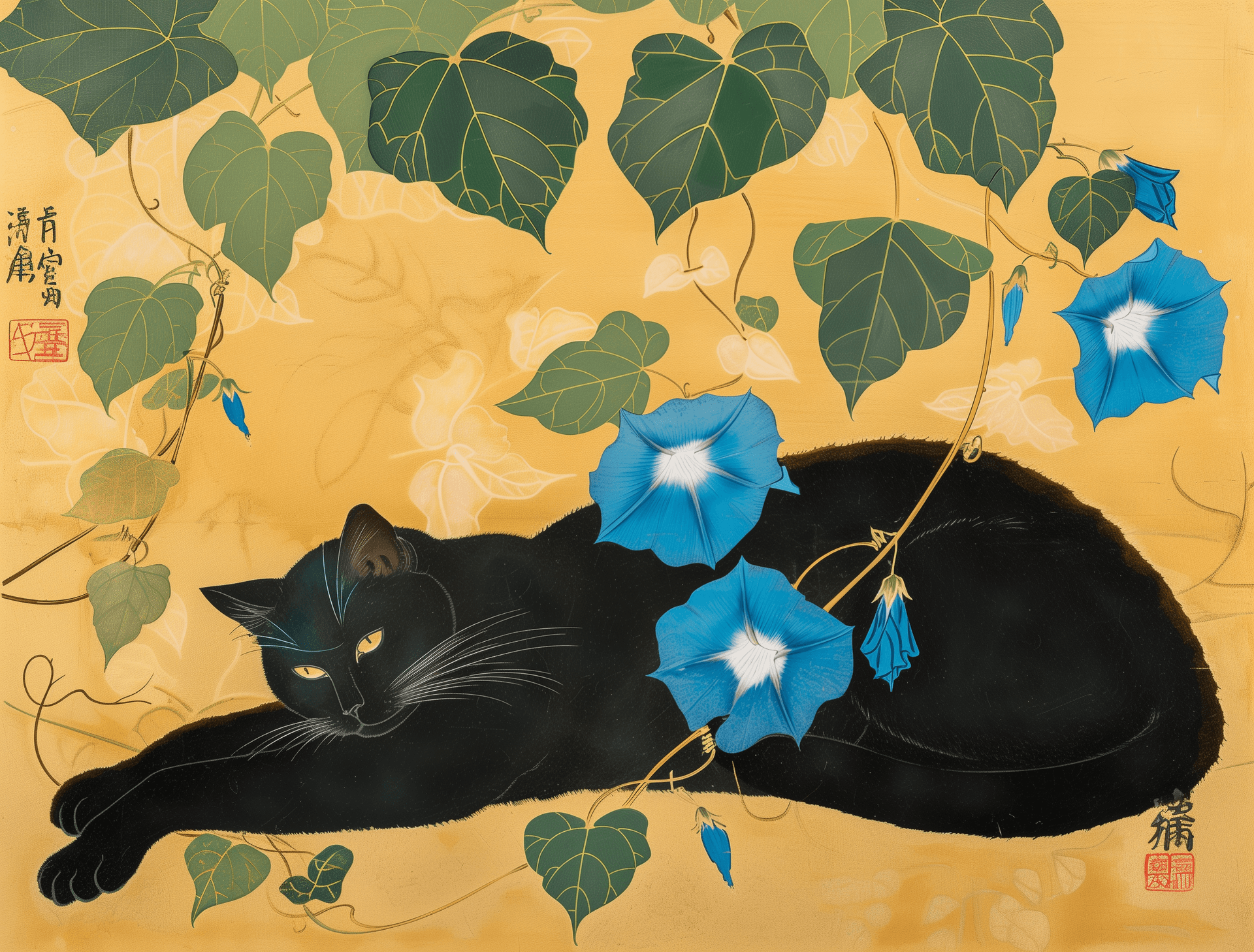 AI generated: A black cat is lying on the ground, with two blue morning glory flowers growing next to it and leave...