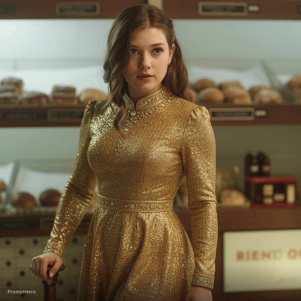 AI generated: Make the first girl uploaded appear to wear a sparkling, stunning, daring, sexy gold dress just like...