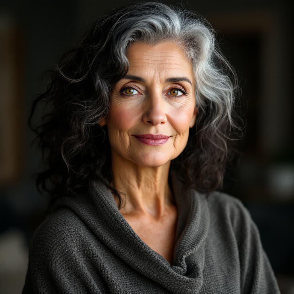 AI generated: Realistic studio photo of a 43 year-old woman, mature, Soft wrinkles around the eyes and mouth, Natu...