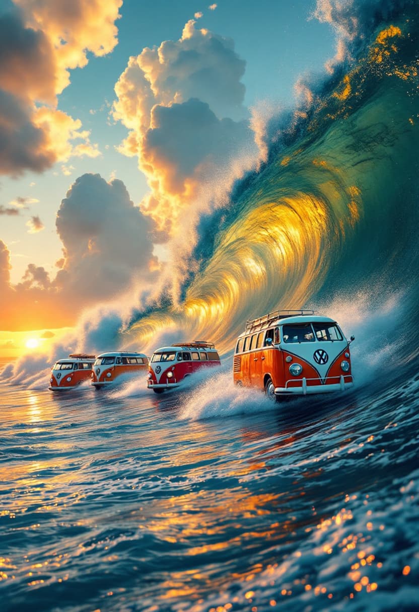 AI generated: 4 Classic Vw buses of different colors are surfing down large tall cresting waves during sunset at a...