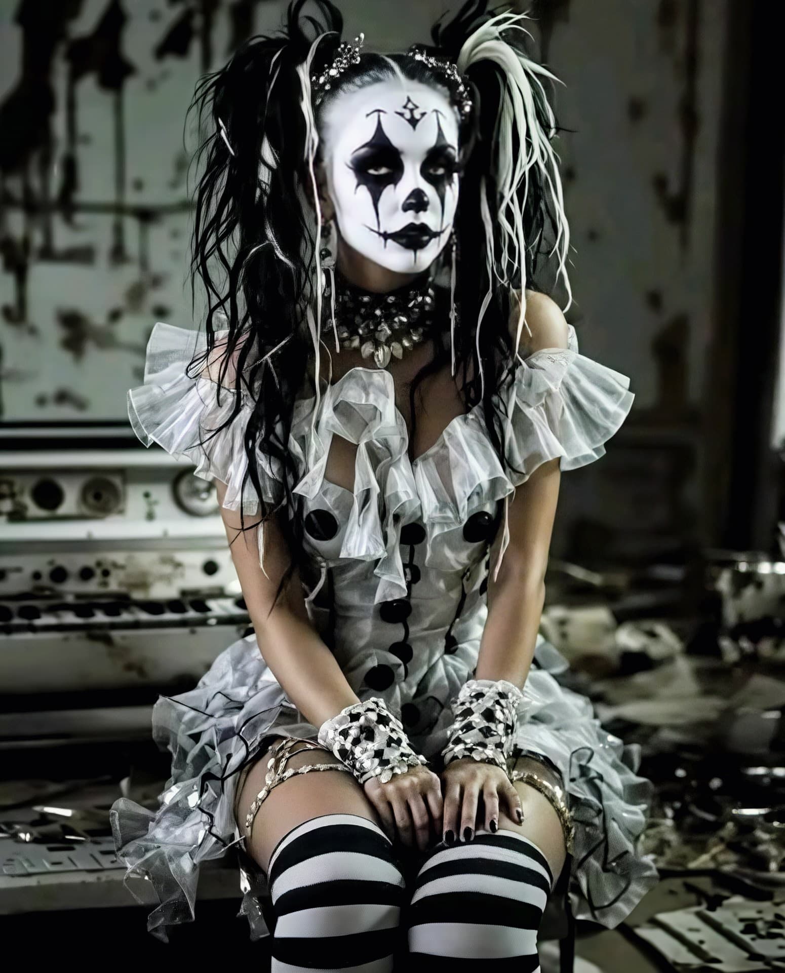 AI generated: A cinematic high-detail portrait of a gothic harlequin woman sitting in a derelict, abandoned room. ...