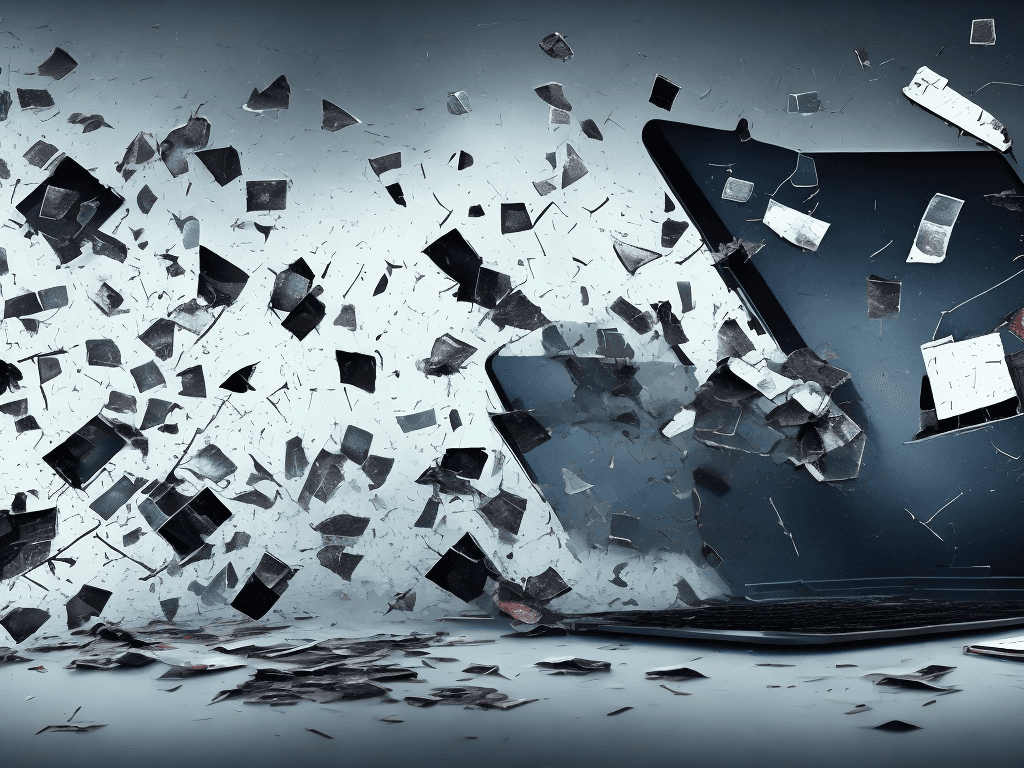 AI generated: Front view, broken screen with glass fragments, a big baseball bat hits a laptop, a lot of money is ...