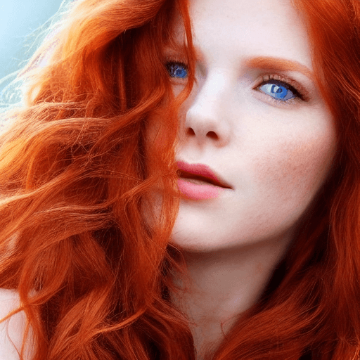 AI generated: A close-up portrait of a stunning redhead woman, her fiery hair cascading in loose waves around her ...
