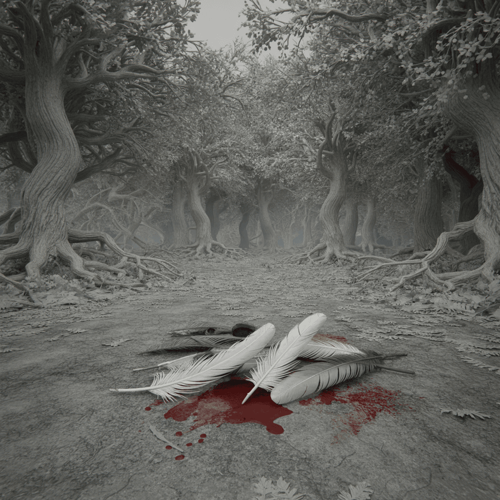 AI generated: Scene: A grayscale forest clearing in ancient Britain, surrounded by twisted, moss-covered trees and...