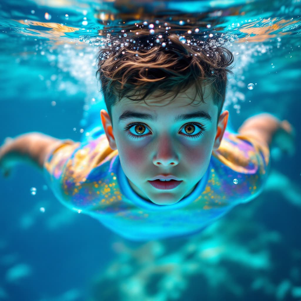 AI generated: A handsome boy with big light brown eyes and long eyelashes is swimming underwater. The water around...
