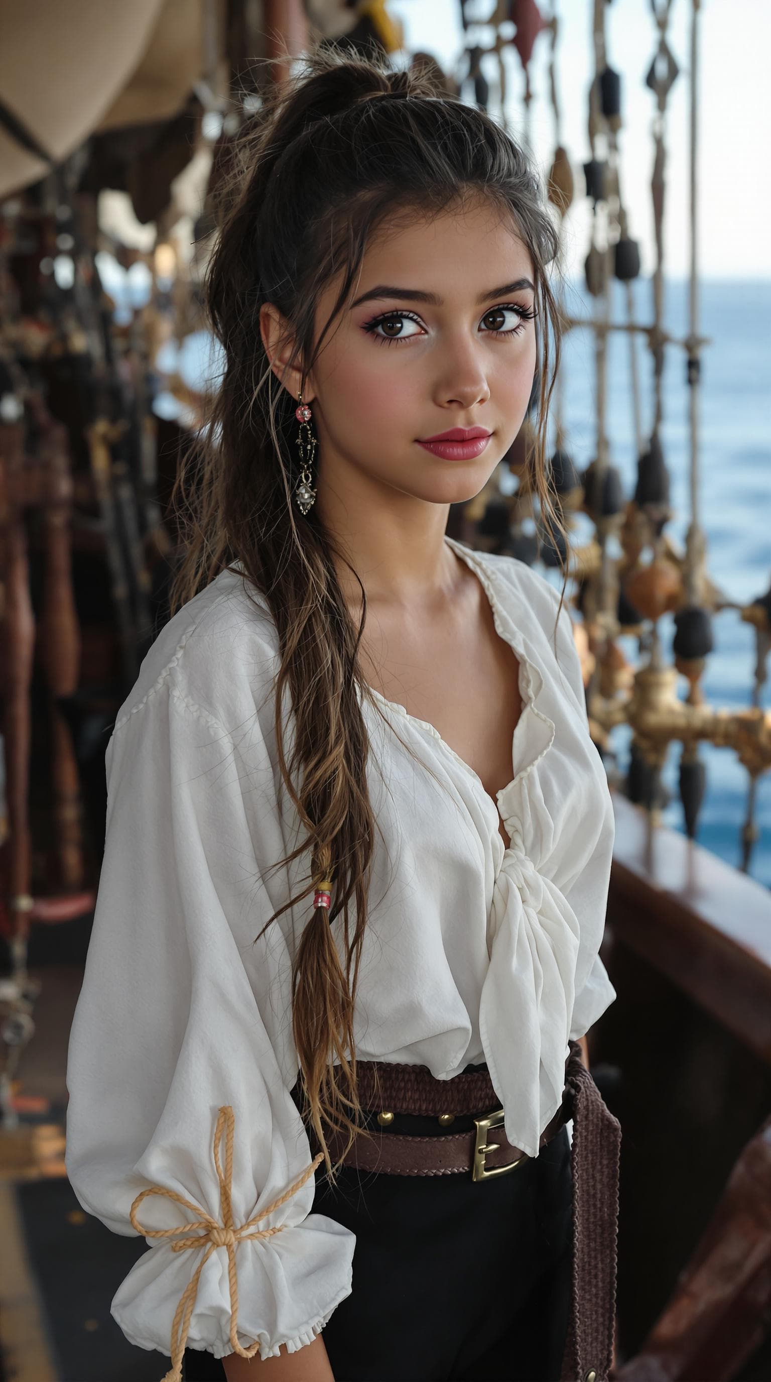 AI generated: a professional photo of a exceptionally beautiful girl aboard pirate ship at sea (age 11), (eleven y...
