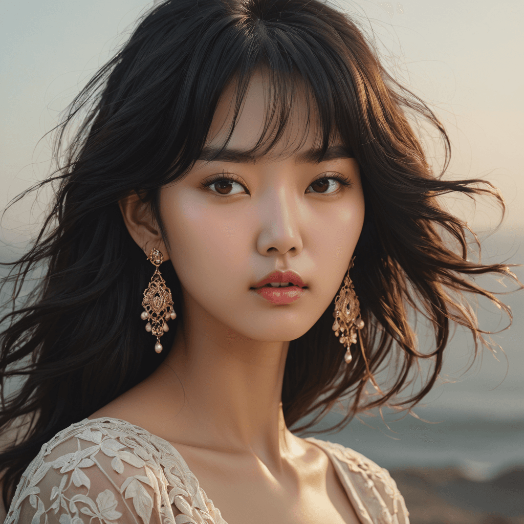 AI generated: a woman with flowing, black hair is posing, in the style of dain yoon, soft edges and blurred detail...