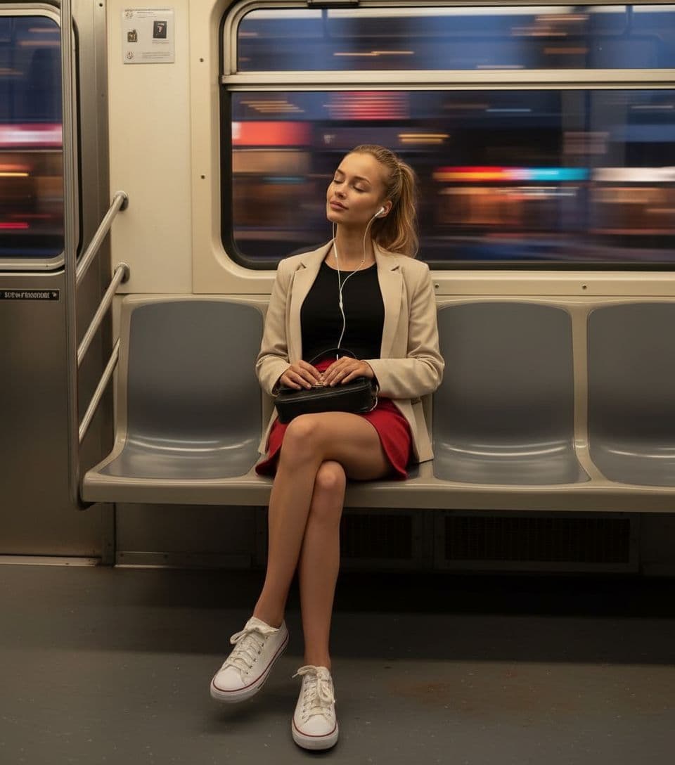 AI generated: A photo-realistic shot of the uploaded woman in a red mini skirt, black top and light jacket, seated...